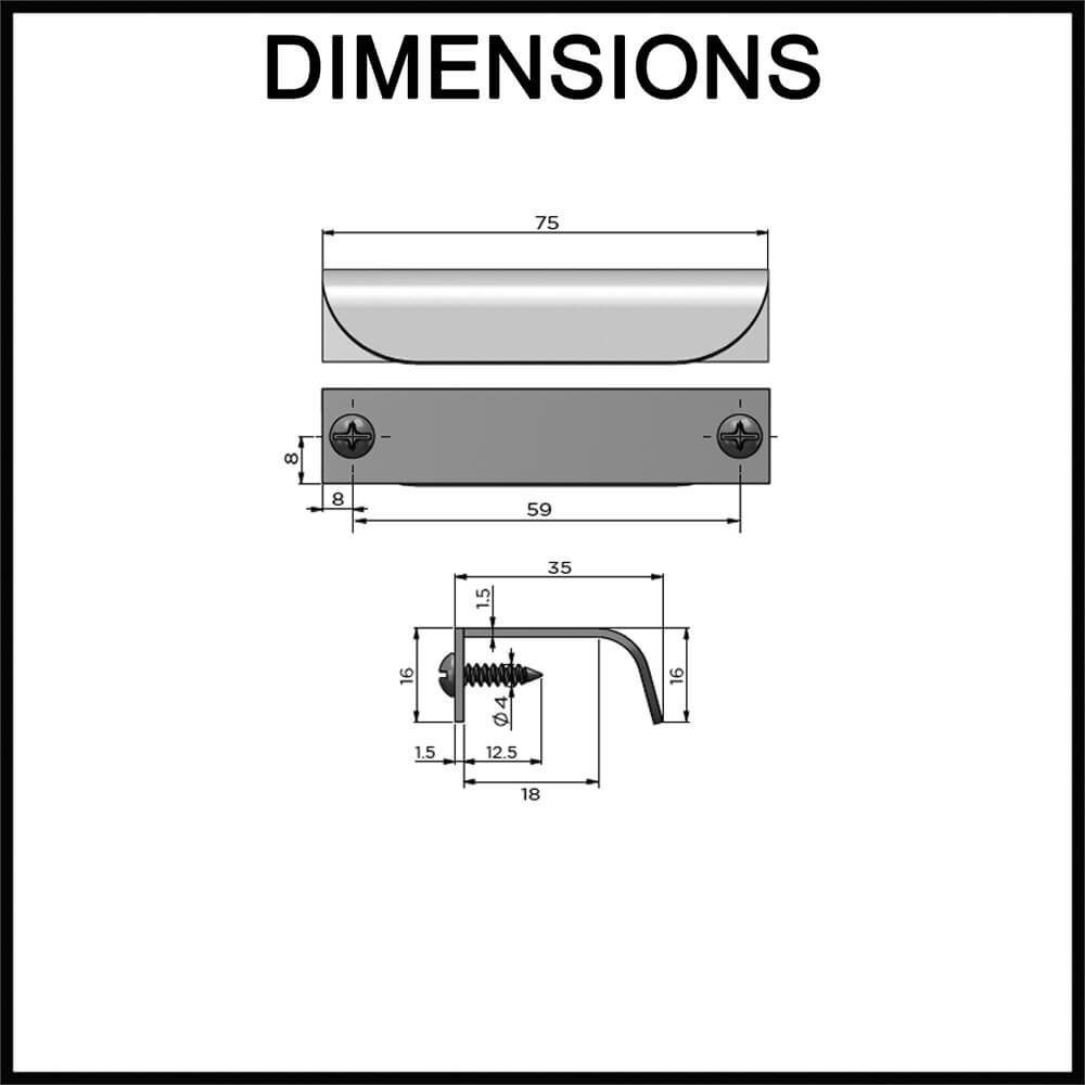 Öppen Brushed Edge-Pull Cabinet Handle - 75mm - Dimensions