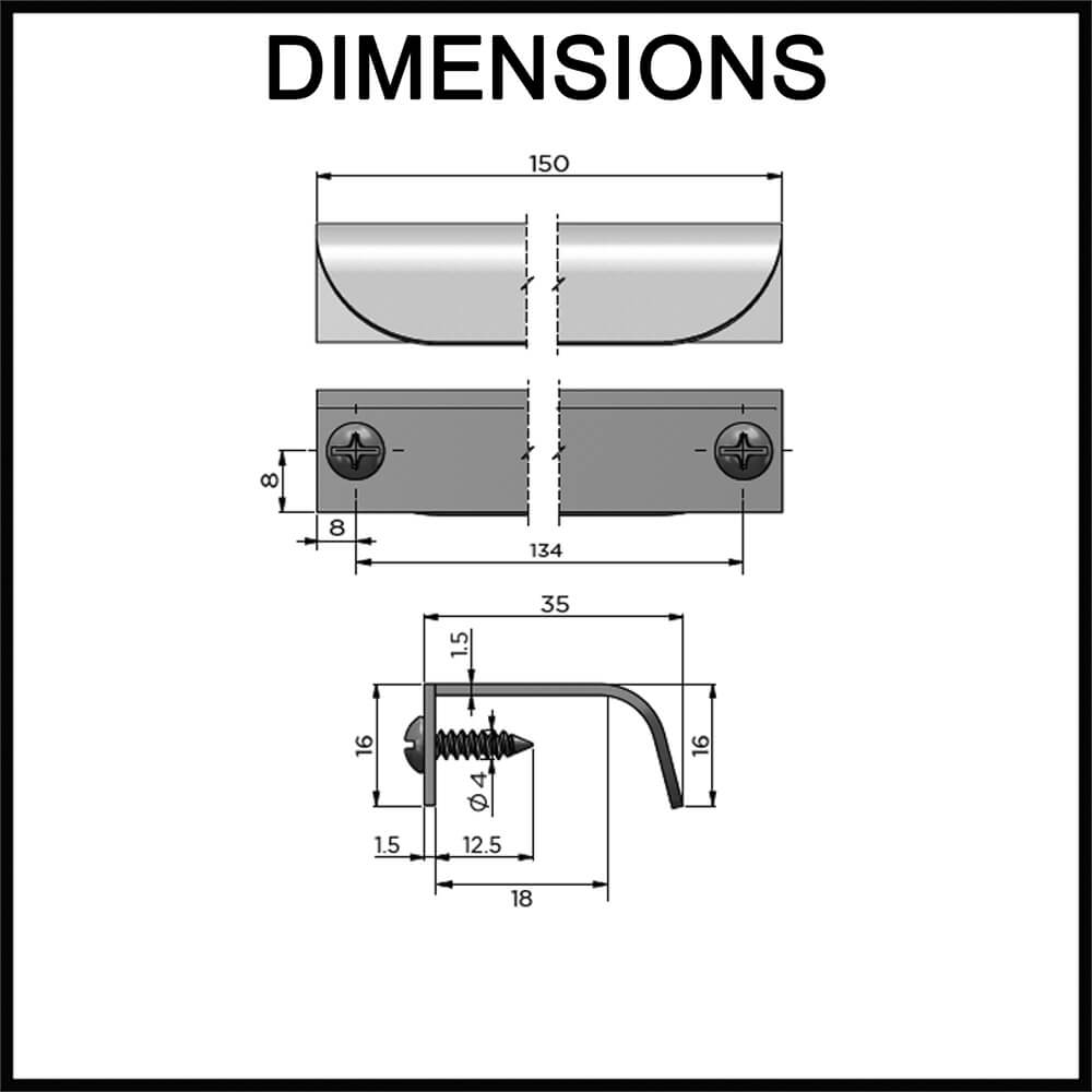 Öppen Brushed Edge-Pull Cabinet Handle - 150mm - Dimensions