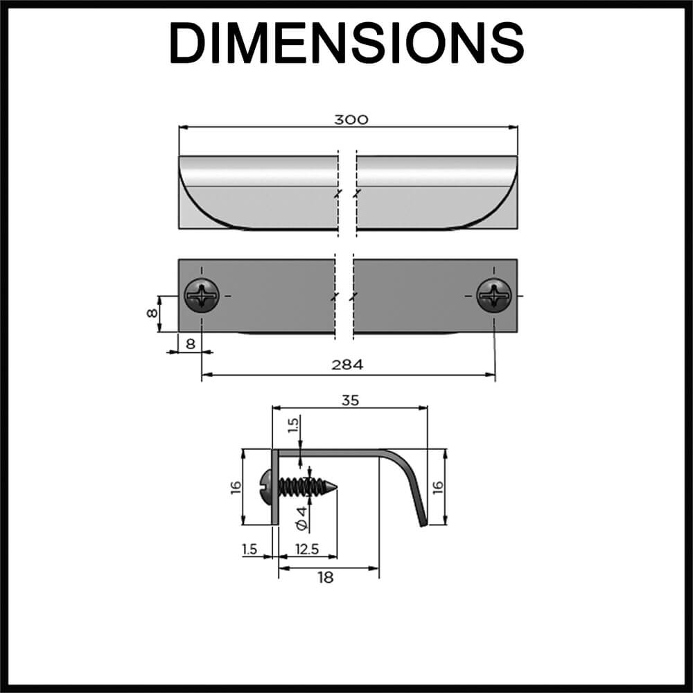 Öppen Brushed Edge-Pull Cabinet Handle - 300mm - Dimensions