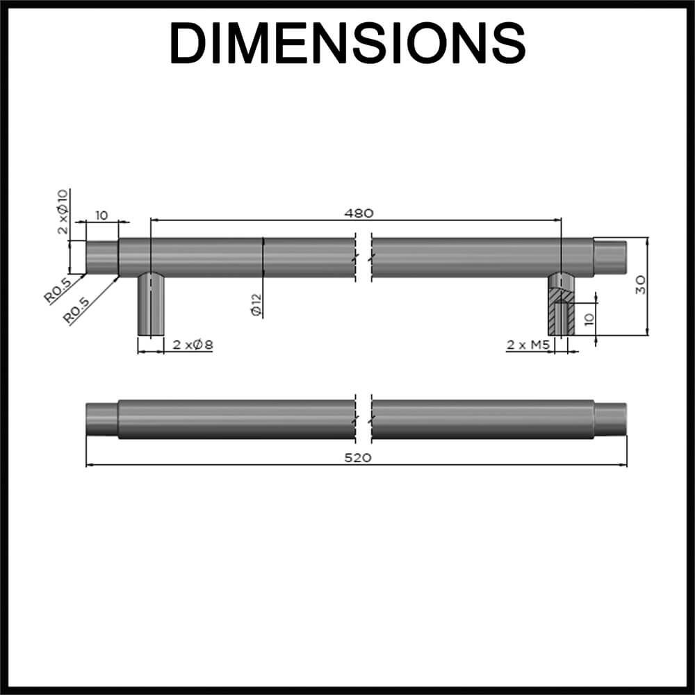 Meir Öppen Round Brushed Pull Cabinet Handle -520mm - Dimensions