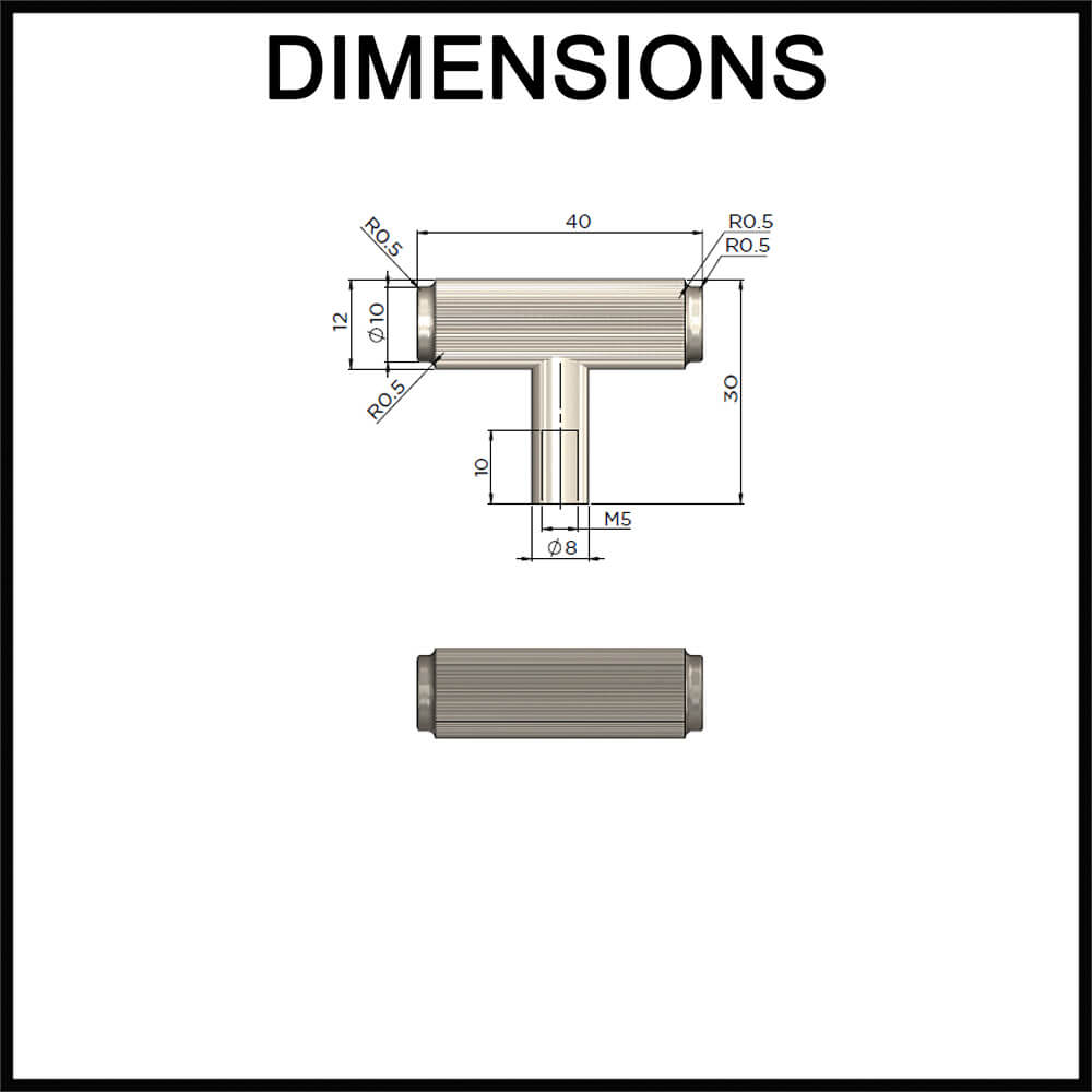 Meir Öppen Linear Knurl T-Pull Cabinet Handle - Dimensions