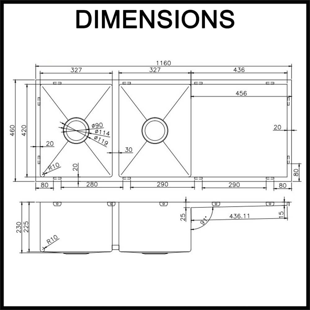 aguzzo twm9 double bowl sink with drainer dimensions