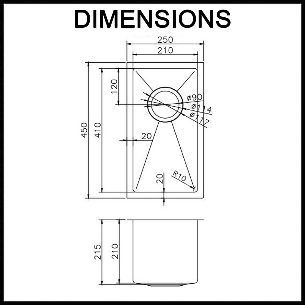 250mm half bowl kitchen sink