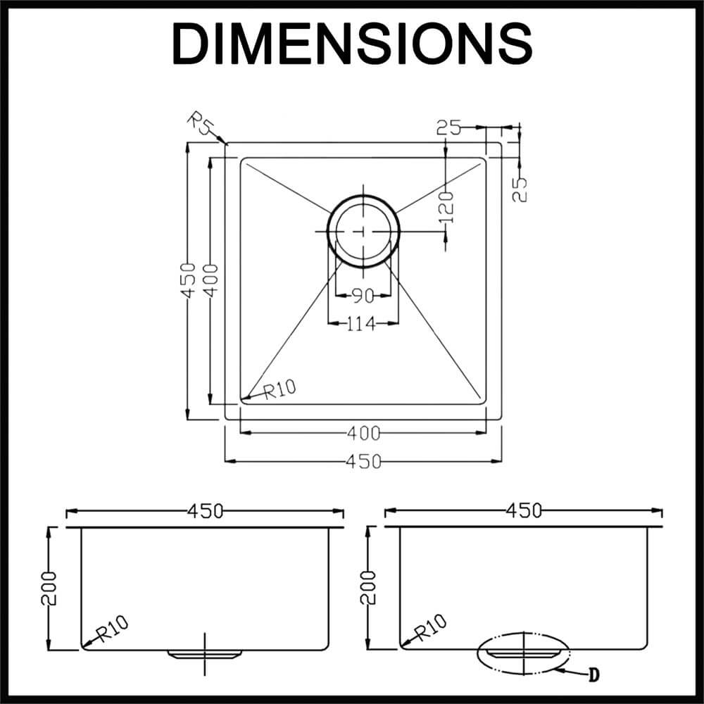 Meir 450mm single bowl kitchen sink dimensions guide