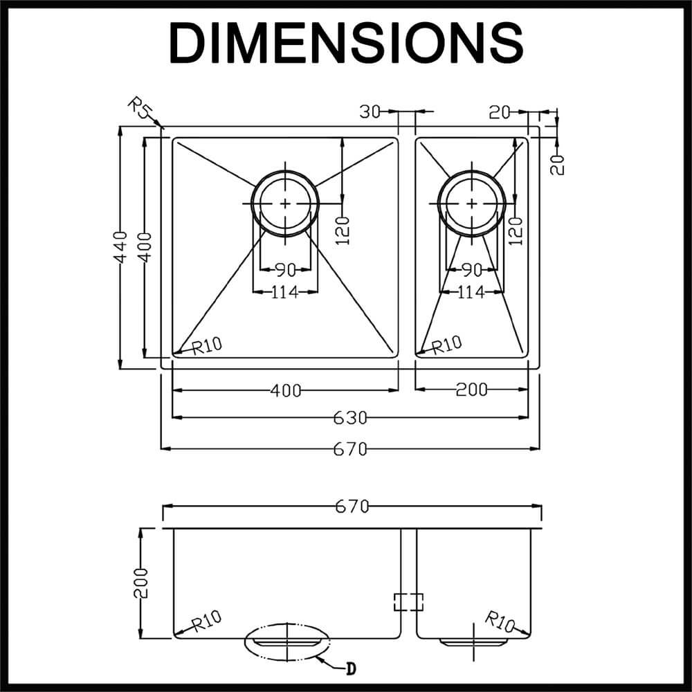 Meir 670mm 1 & 1/2 bowl kitchen sink dimensions guide