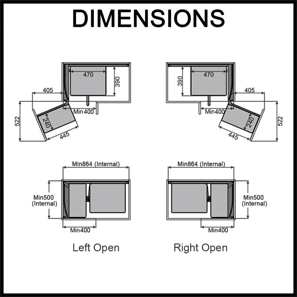 blind corner pull out storage baskets 90cm