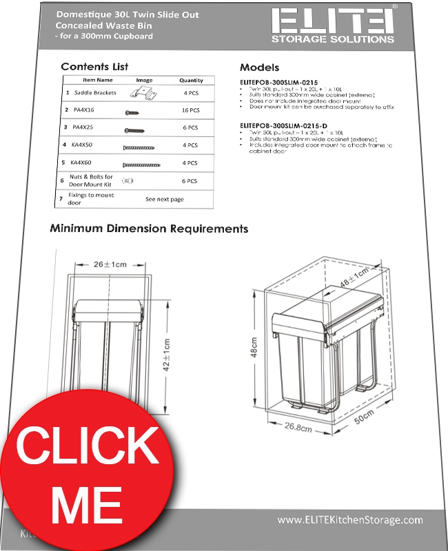 Instructions Manual for ELITE Domestique 30L Twin Slide Out Concealed Waste Bin 300mm Cupboard