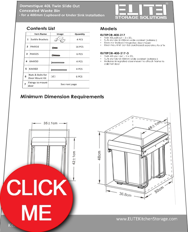 Instructions Manual for ELITE Domestique 40L Twin Slide Out Concealed Waste Bin 400mm Cupboard