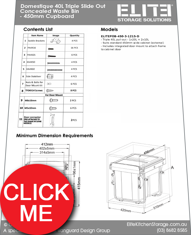 Instructions Manual for ELITE Domestique 40L Triple Slide Out Concealed Waste Bin 450mm Cupboard
