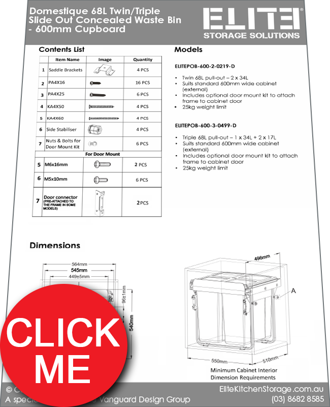 Instructions Manual for ELITE Domestique 56L Twin Slide Out Concealed Waste Bin 400mm Cupboard