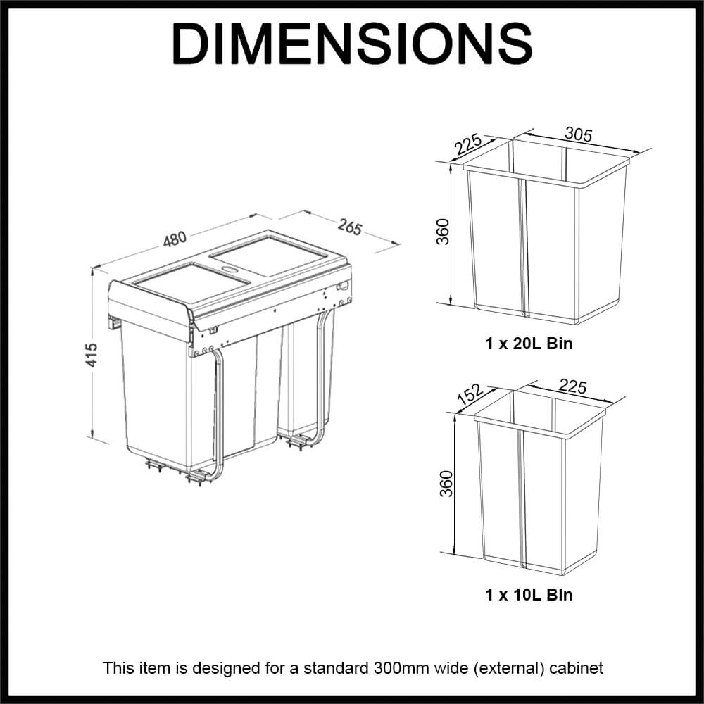 30L Pull Out Bin for 300mm External Cabinet