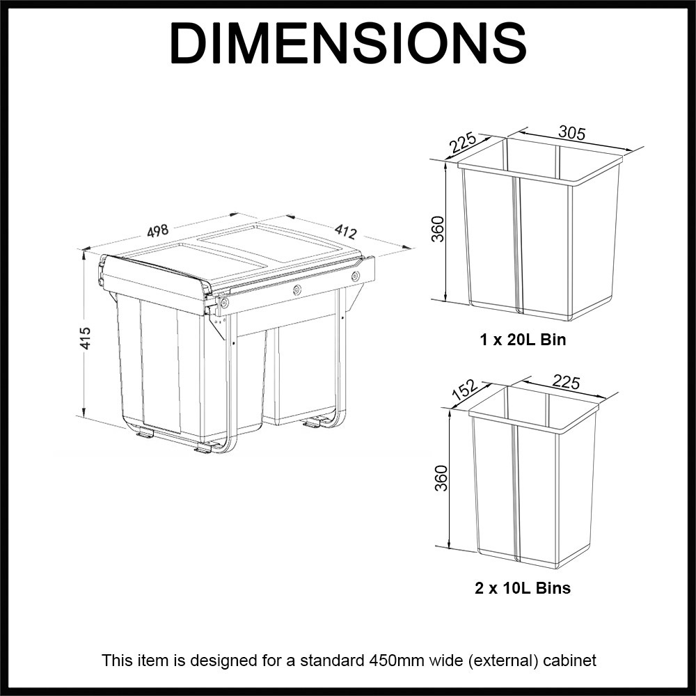 40L Pull Out Bin for 450mm External Cabinet