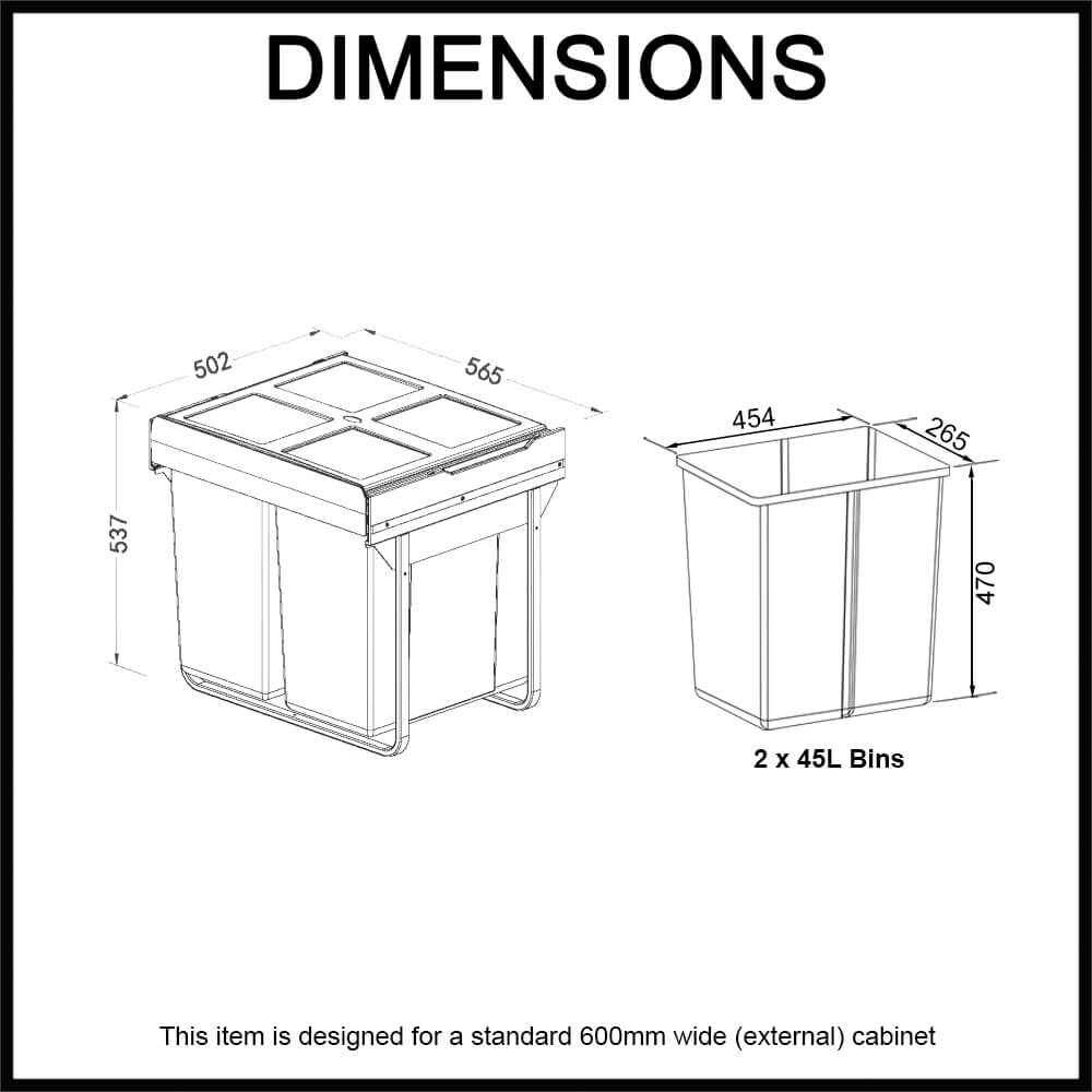twin concealed waste bin dimension diagram